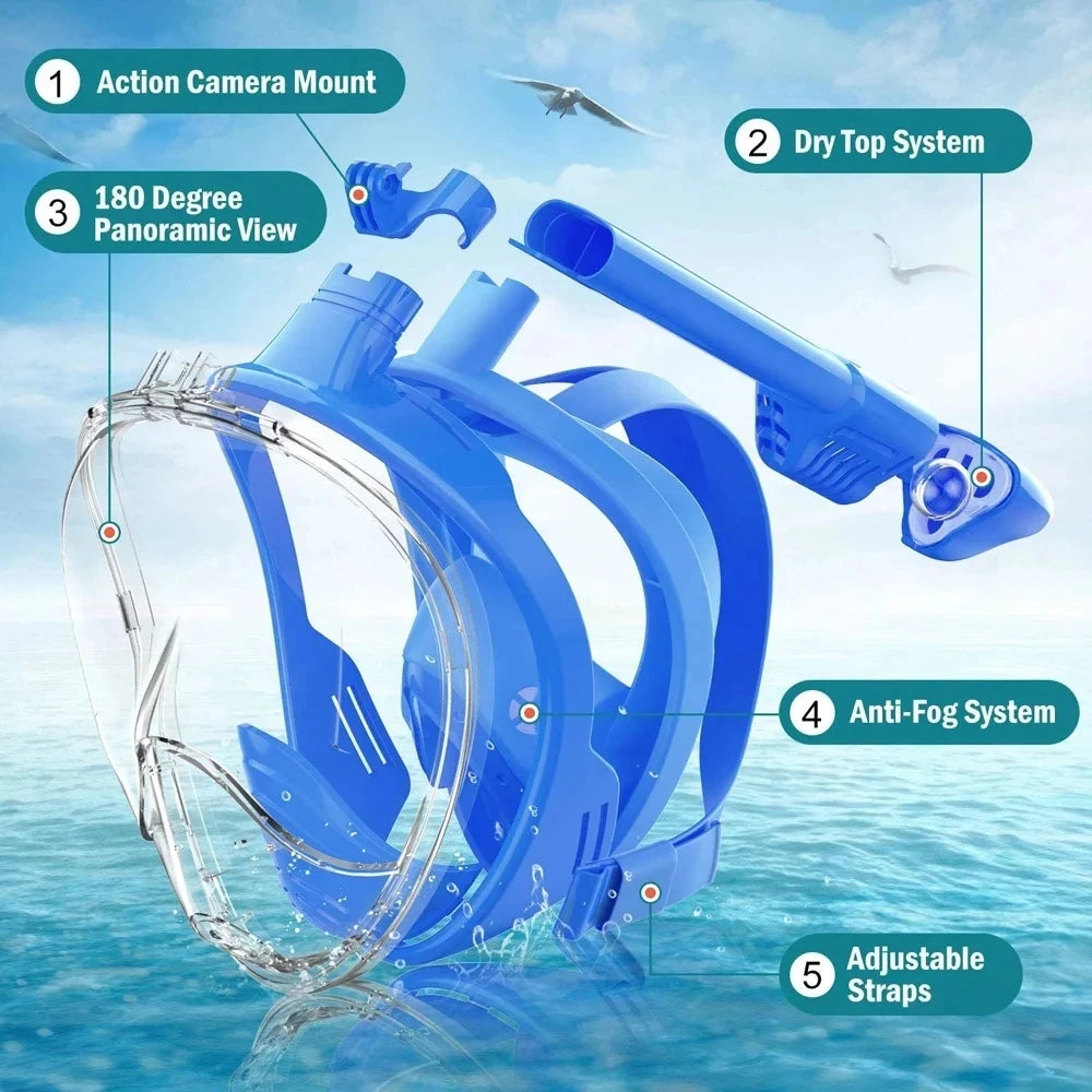  Blue Snorkeling Mask with GoPro Mount  The blue full face snorkeling mask features a GoPro mount on top, allowing users to capture their underwater adventures. The mask also includes a detailed diagram highlighting its 180-degree panoramic view.
