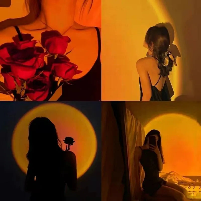 The image is a collage of four photographs featuring individuals utilizing the warm glow of a USB-powered ambient light to create silhouettes and mood lighting. In two images, the subjects hold roses, casting sharp, romantic shadows, while the other two images show profiles and figures backlit by a circular, sunset-like halo.