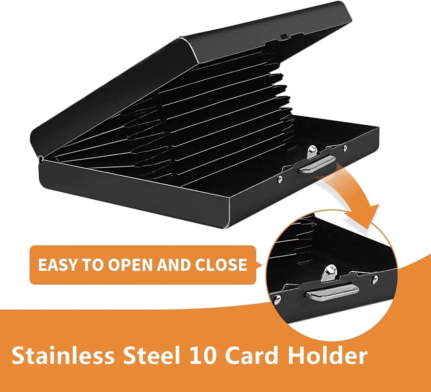 A side view of the card organizer emphasizes its slim profile and easy-to-open mechanism with cards partially visible, showcasing the practical design.