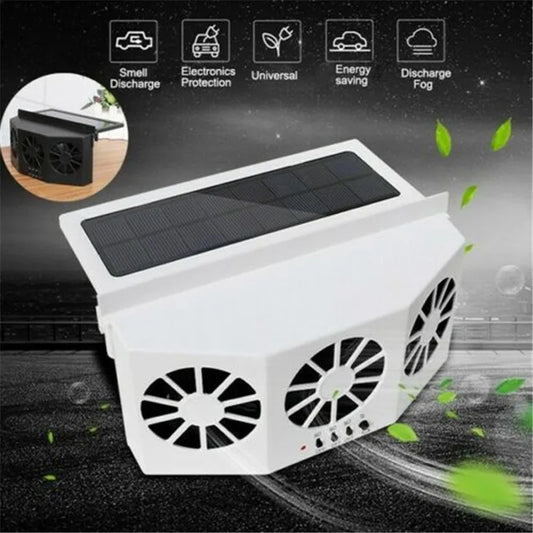 Solar Powered Car Cooling Fan - Overview: The image showcases the Solar Powered Car Cooling Fan with its outer solar panels and multiple fans. Icons highlight features such as small discharge, electronics protection, universal fit, energy saving, and fog discharge.