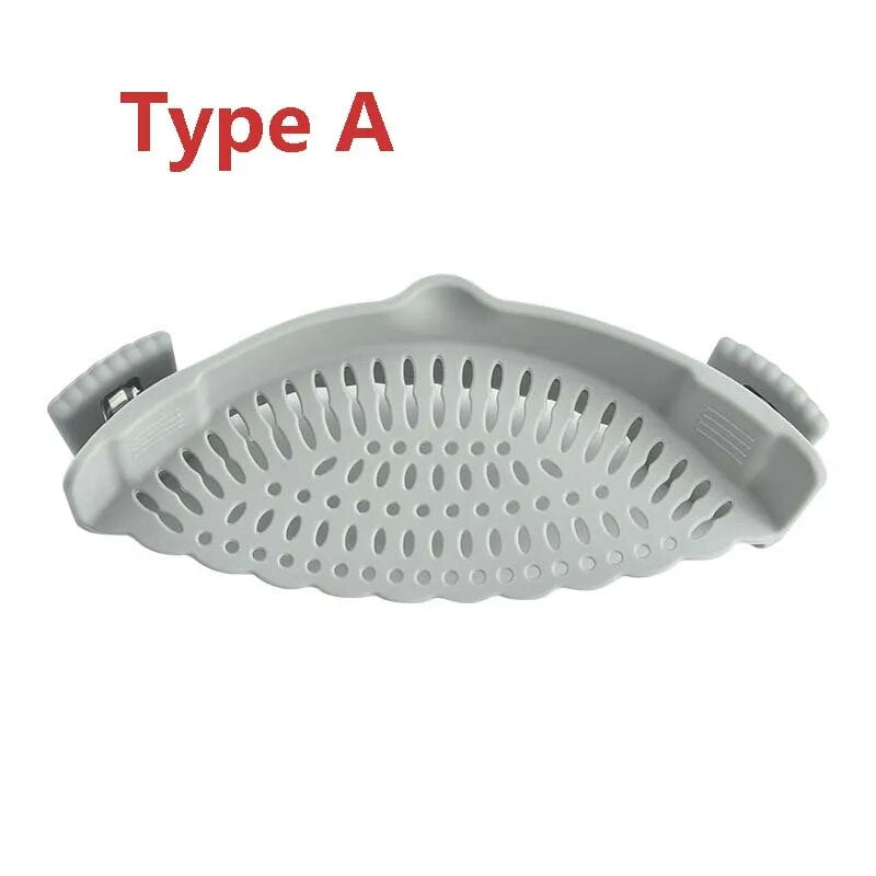 A grey silicone strainer, labeled "Type A", is shown detached, displaying its design and clip-on feature.
