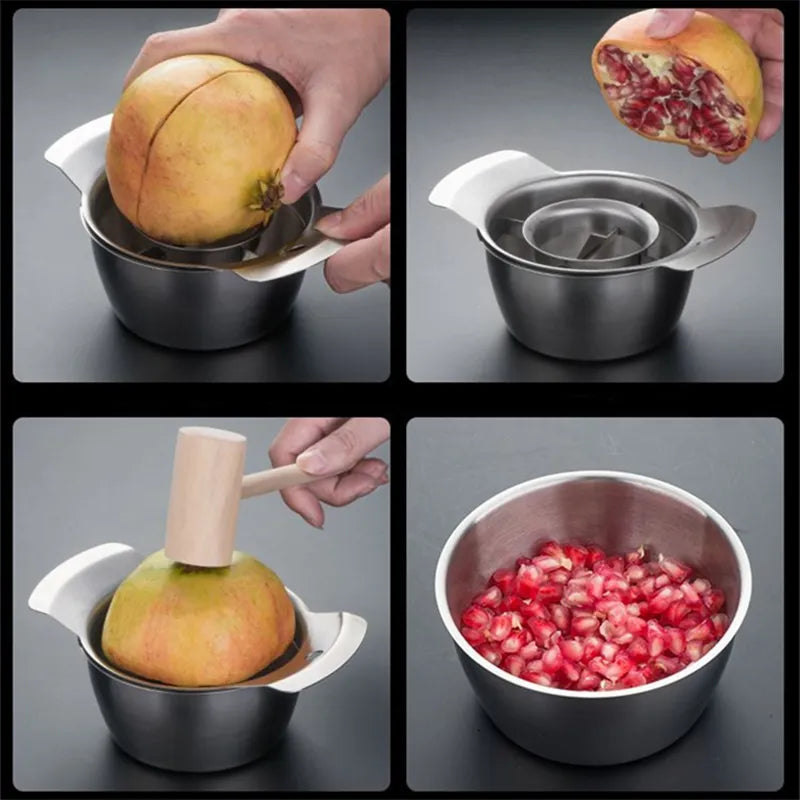 Sequential images depict the process of placing a pomegranate on the tool, pressing down, and the seeds being collected into the bowl.
