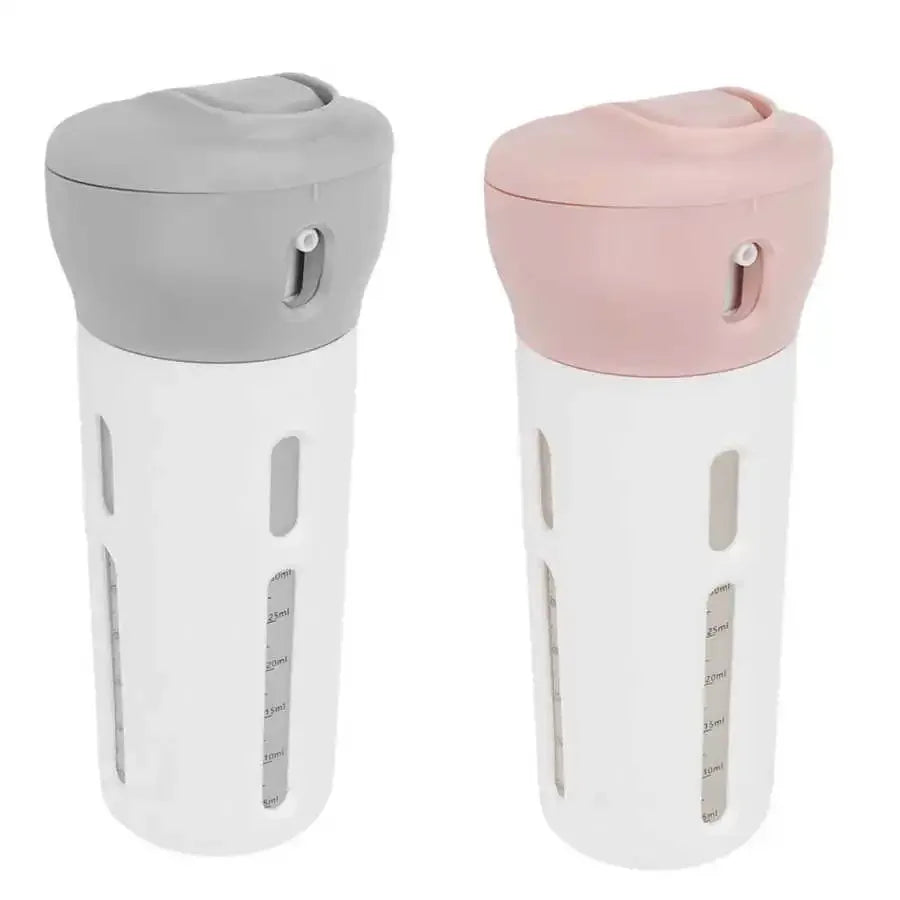 Compact Grey and Pink 4-in-1 Portable Travel Liquid Dispensers: Two dispensers, one with a grey cap and one with a pink cap, are shown from a top view, highlighting the rotating caps and the dispensing mechanism.