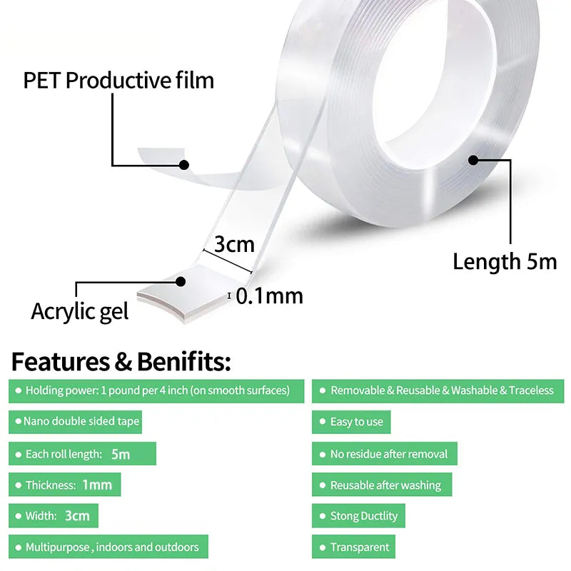Versatile and Strong Adhesion Double-Sided Nano Tape - Transparent, Washable, Reusable, and Traceless for Home and Office Use