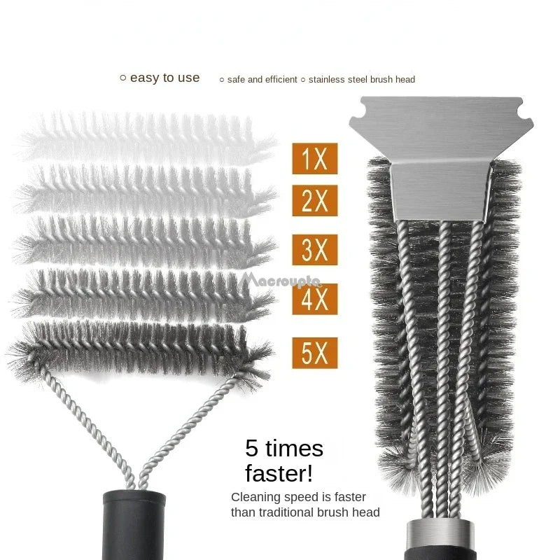 A comparison image showing the grill brush cleaning speed, indicating it cleans five times faster than traditional brushes.