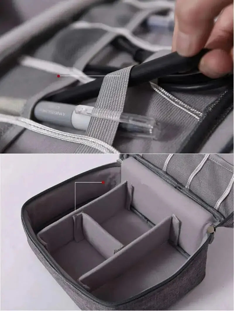  A travel cable organizer bag being packed, demonstrating how it can hold multiple electronic devices and accessories, making it an essential travel companion.