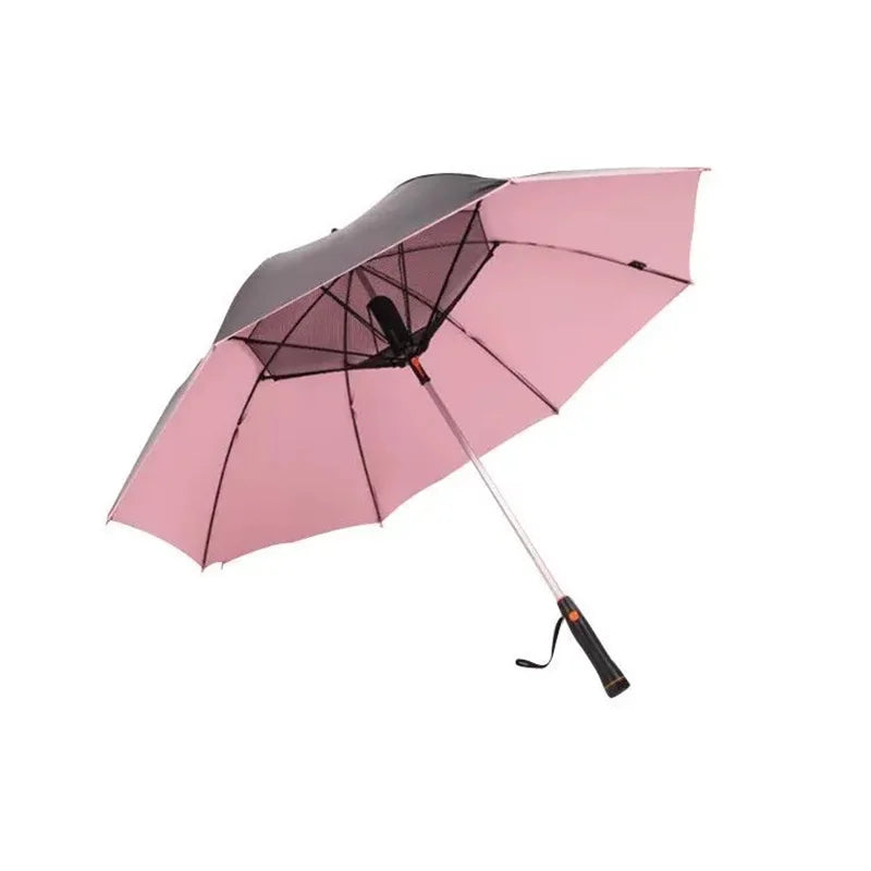 The Creative Summer Umbrella with Fan and Mist Spray in a vibrant pink color option. This stylish parasol offers excellent UV protection and cooling features for women.