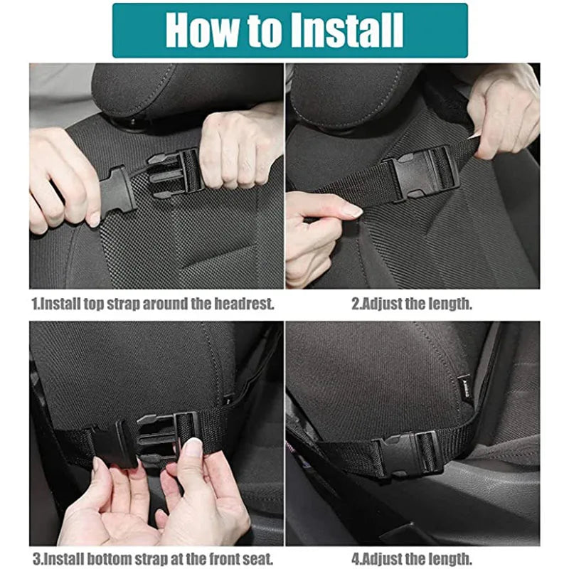 Step-by-step instructions illustrate how to install the Car Seat Back Organizer. The image guides users through attaching the straps and securing the organizer to the car seat, emphasizing its easy installation process.