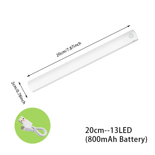 Variants of the light are shown with different lengths and battery capacities: 20cm with 13 LEDs, indicating options for size and power.