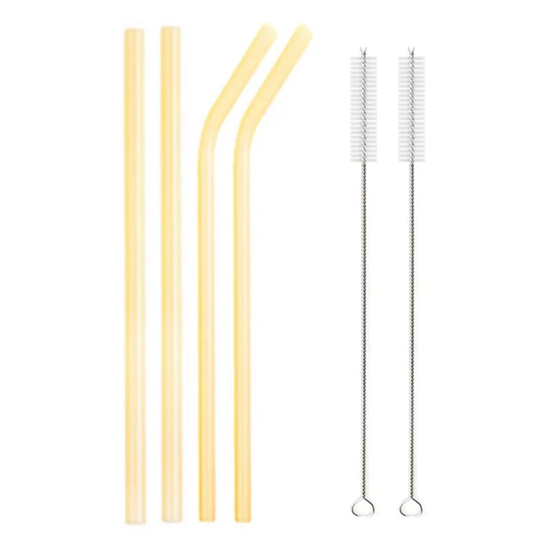 Individual images showing yellow bent and straight glass straws with cleaning brushes placed beside them on a white background.