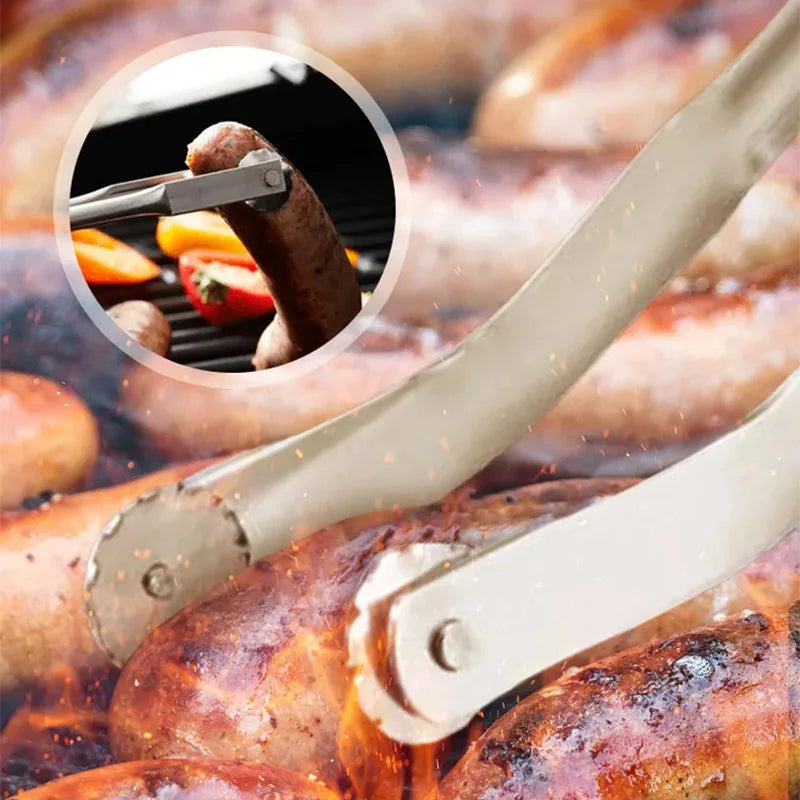 Multiple sausages being flipped using the SpinGrip Tongs, showing their versatility. A standout among grilling tongs.