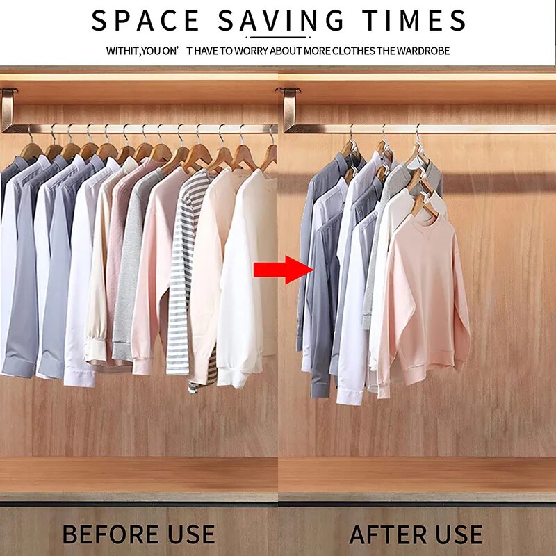 Before-and-after images of a closet: the 'before' shows closely packed hangers on a rod, and the 'after' shows them spaced out with room to spare, thanks to white connector hooks doubling the hanging space.