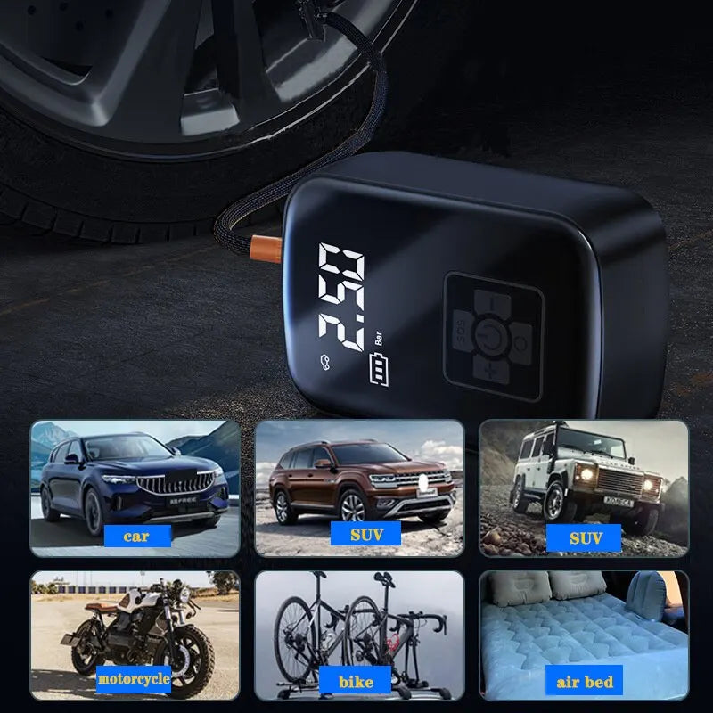 Portable Wireless Car Air Compressor: The Portable Wireless Car Air Compressor is displayed next to different types of vehicles, including a car, SUV, and bicycle. The image emphasizes its wide compatibility and effectiveness for various tire inflation needs.