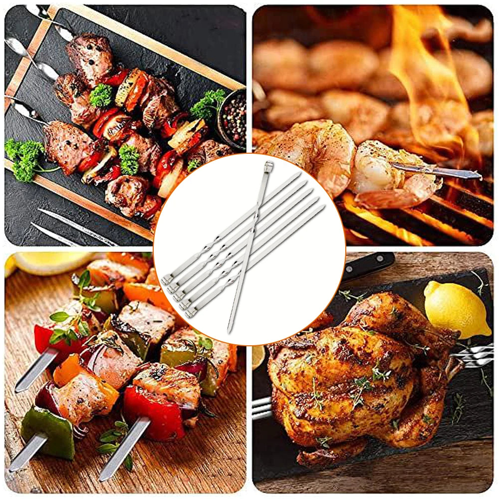 Stainless Steel Barbecue Skewer Set – 6Pcs Wide BBQ Sticks | Flat BBQ Forks for Outdoor Camping, Picnics, and Kitchen Accessories