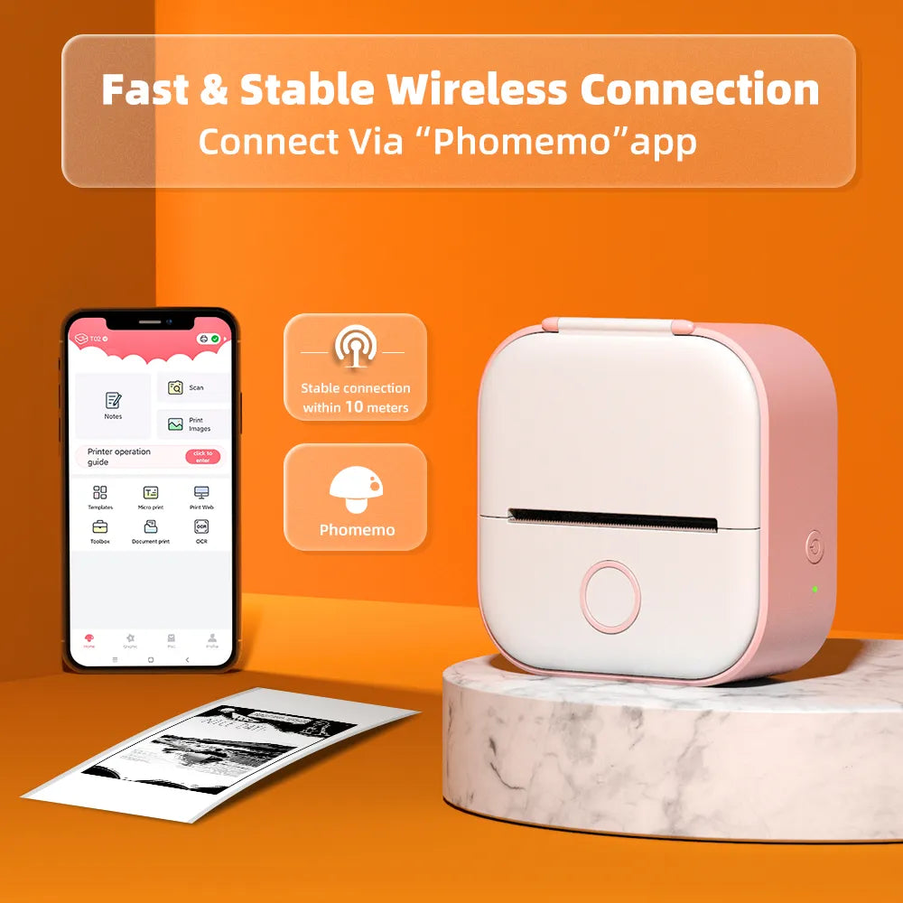 Fast & Stable Wireless Connection: This image depicts the product, a sleek white portable printer, highlighting its wireless connectivity feature. It showcases a smartphone displaying the printer's companion app, emphasizing a quick and stable Bluetooth connection for convenient printing.