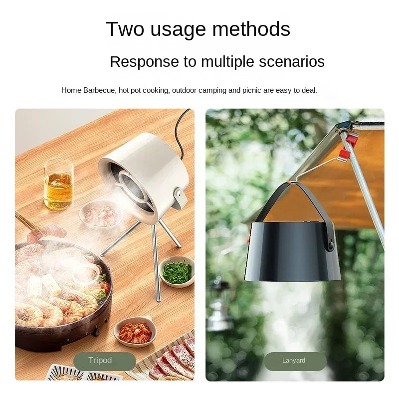 Dual-Use Hood: Showcasing two usage methods of the range hood: as a tripod-mounted fan and hanging from a support, ideal for various cooking scenarios.