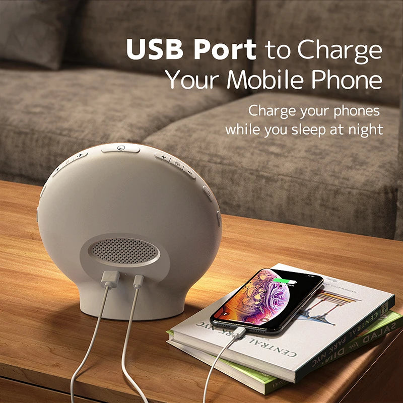 USB Port for Charging A wake-up light alarm clock with a USB port at the back, showing a phone connected and charging. Convenient for bedside use.