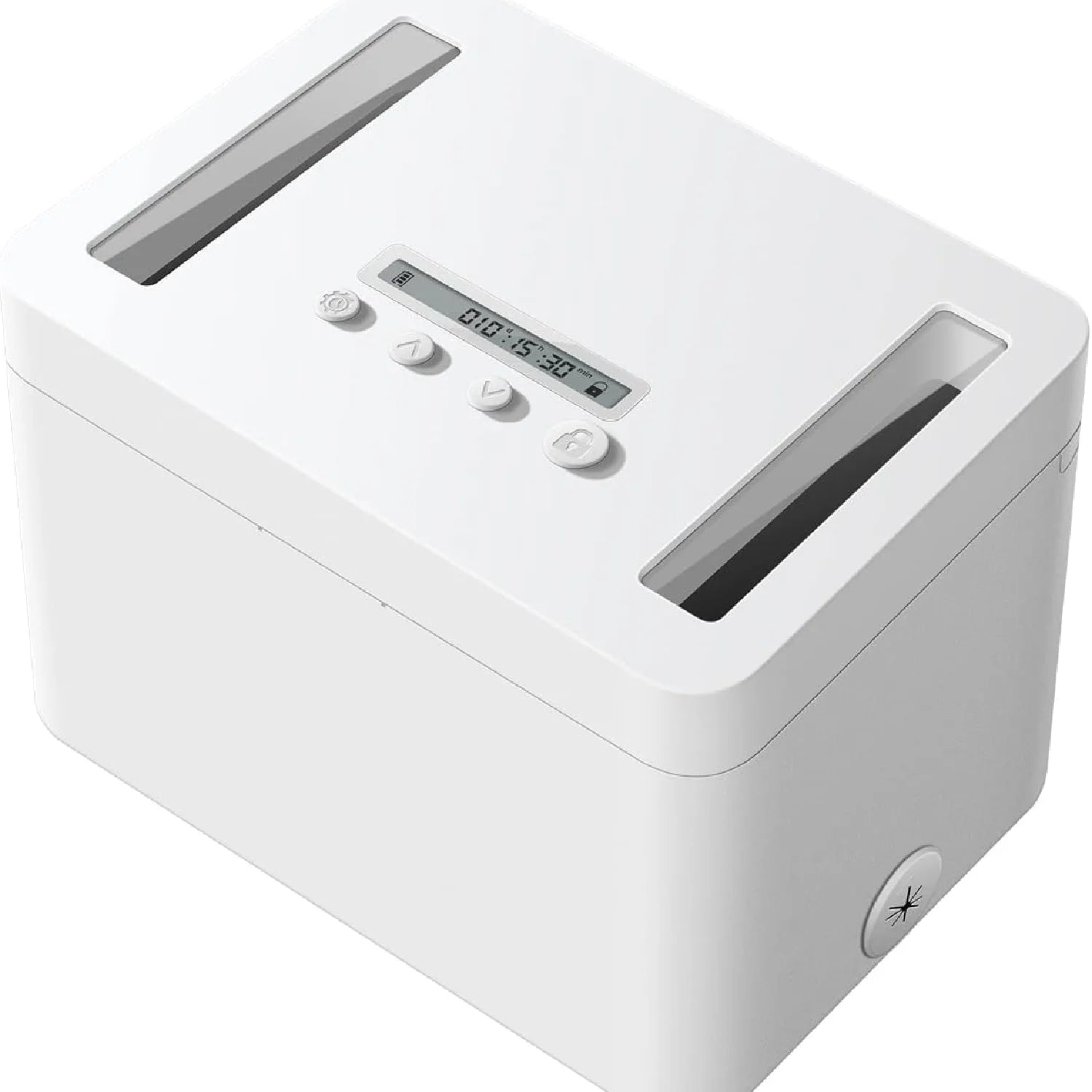 Front View of the Metal Timed Lock Box: A white, sturdy metal lock box with a top slot for inserting devices, featuring a simple keypad and a small LED screen for timer display.lockable box