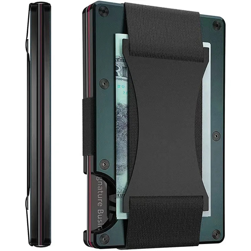 A side and front view of a slim, darker green card holder with elastic cash strap, showcasing a thin profile and a compartment holding US currency notes.