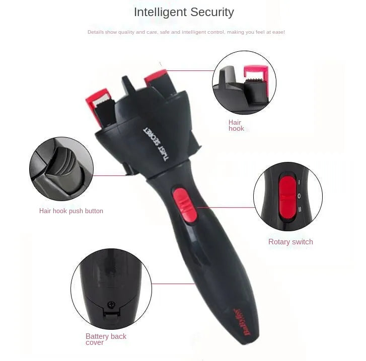 An instructional collage details the Electric Hair Styling Tool, emphasizing its features such as intelligent security, box contents, and a size reference, all aiding in understanding the product's functionality and dimensions.