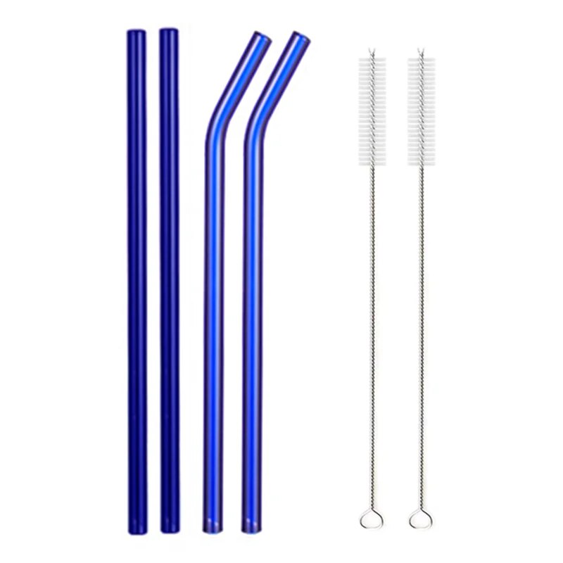 Individual images showing blue and white bent and straight glass straws with cleaning brushes placed beside them on a white background.
