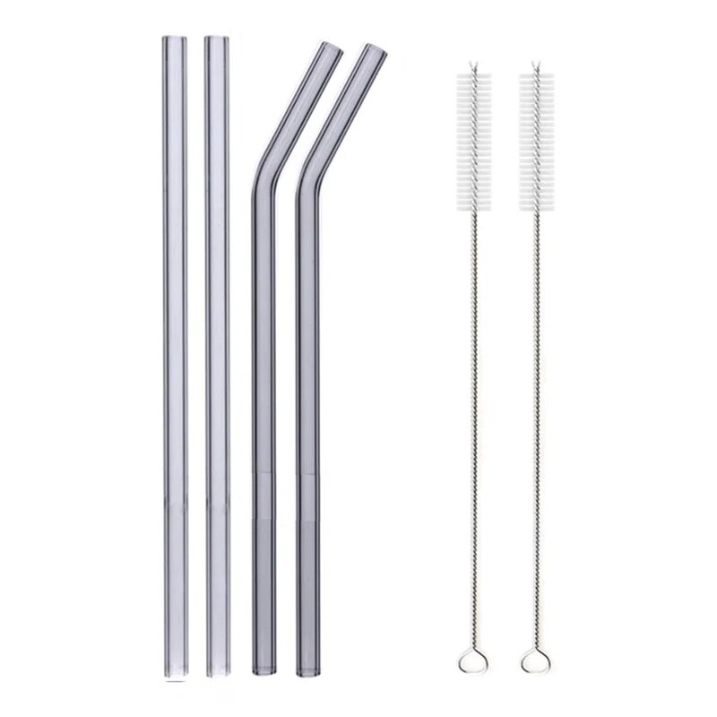 Individual images showing silver straight and  bent and straight glass straws with cleaning brushes placed beside them on a white background.