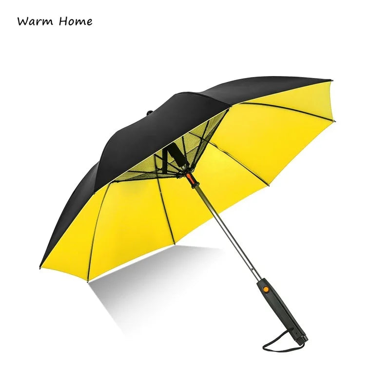 The Creative Summer Umbrella with Fan and Mist Spray in yellow, emphasizing its UV-proof fabric. This versatile umbrella is perfect for both sunny and rainy days.