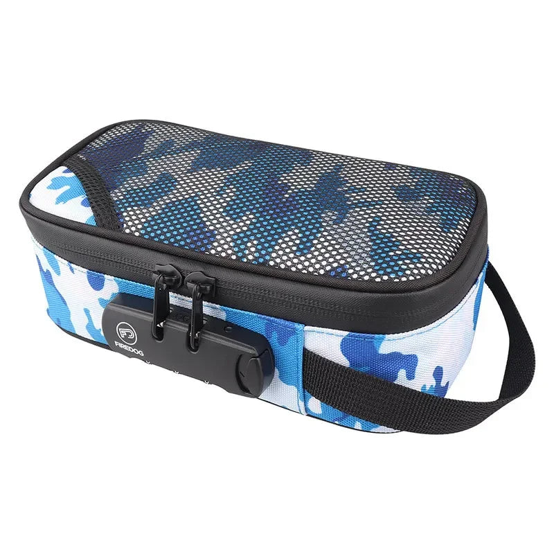 This Odor Smell Proof Cigarette Smoking Stash Bag showcases a sleek, rectangular design, available in various colors including classic gray, vibrant blue, and a playful pink camouflage pattern. The portable size and lockable feature, highlighted by a prominent combination lock on the front, make it a top-choice travel accessory for securing tobacco products.