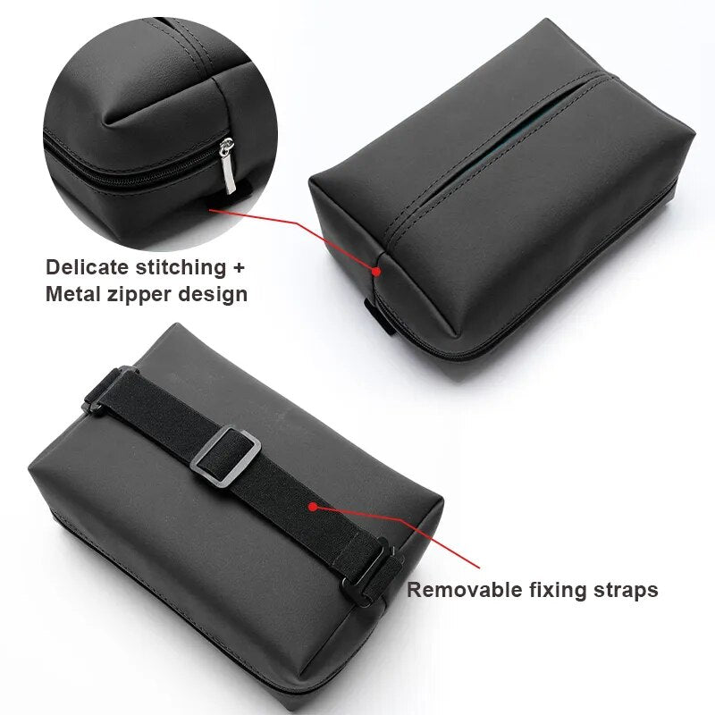 details of  black Nappa leather car tissue box holder
