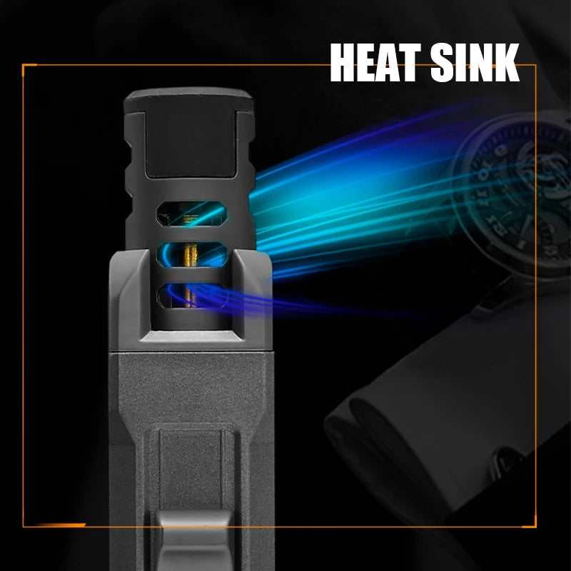 Close-up view of the windproof torch lighter’s flame adjustment feature, showing the precise control for different flame intensities. Ideal for both delicate and high-heat applications.