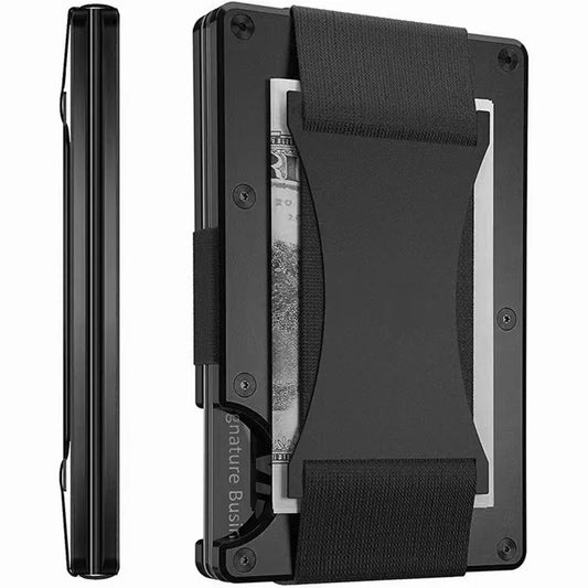 The card holder is displayed from the front with a cash strap, highlighting the carbon fiber texture and aluminum frame.