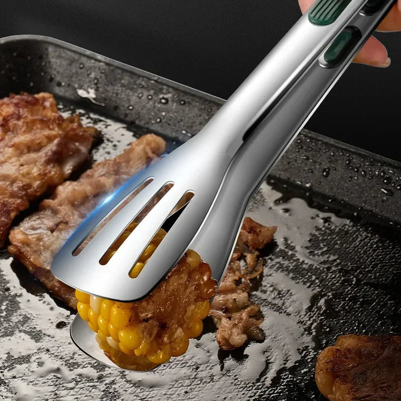Tongs for Cooking Meat: The tongs are shown lifting a cooked chicken thigh off a grill. The stainless steel construction ensures durability and high heat resistance, making them perfect for grilling.