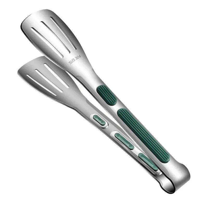Detailed View of Tongs: A side view of the cooking tongs, showcasing the stainless steel construction and green accents. These tongs are available in different sizes to suit various cooking needs.