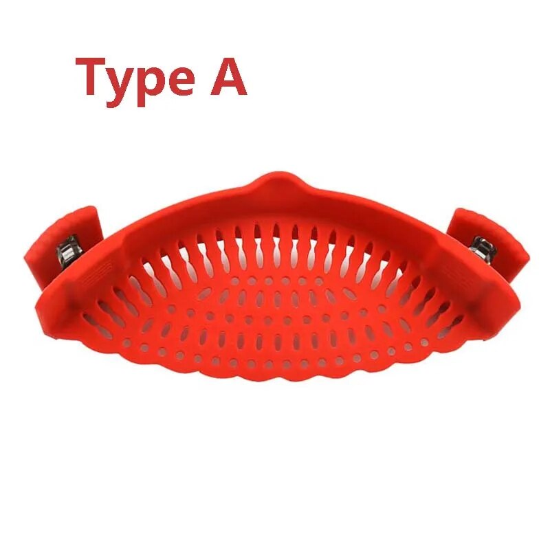 A red silicone strainer, labeled "Type A", is shown detached, displaying its design and clip-on feature.