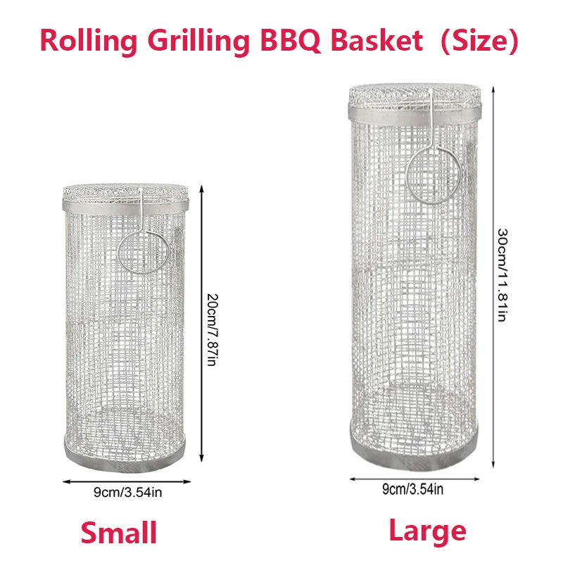 Size comparison of the Rolling Grilling BBQ Basket. The small size measures approximately 20x9x9cm, and the large size is 30x9x9cm, showcasing its suitability for various grilling needs and capacities.