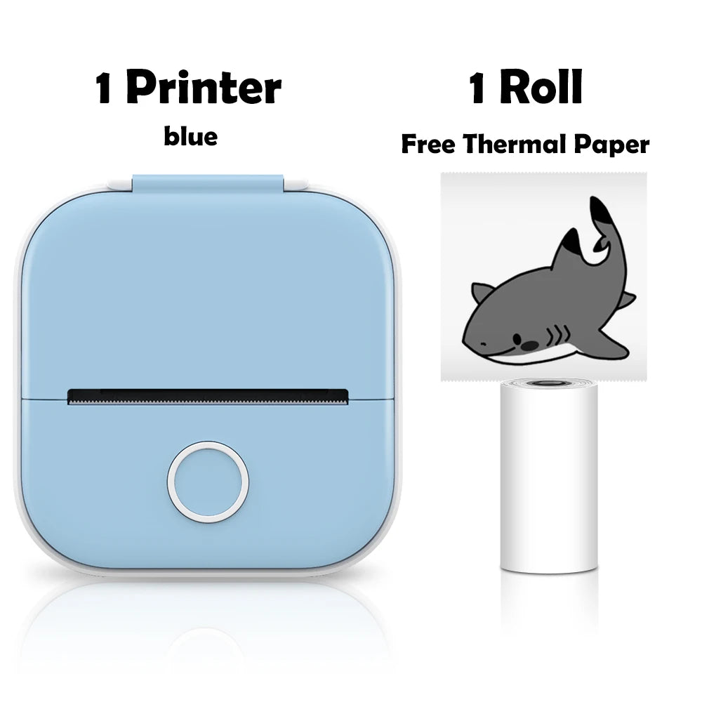 Blue Printer with Paper Roll: The image displays a compact, blue portable mini printer alongside a single roll of free thermal paper, emphasizing its ready-to-use setup for immediate printing projects.