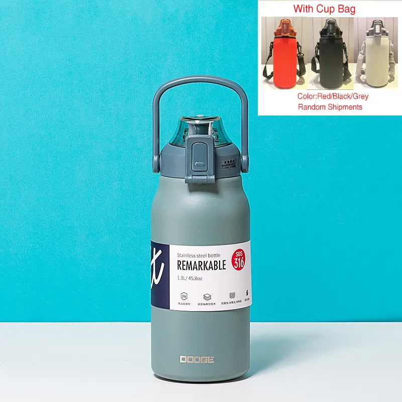 The image displays a cyan stainless steel thermal water bottle with a sturdy handle on the lid. The bottle is labeled "REMARKABLE 316", indicating the grade of stainless steel, and has a capacity of 1.3L/45.8oz as stated on its label