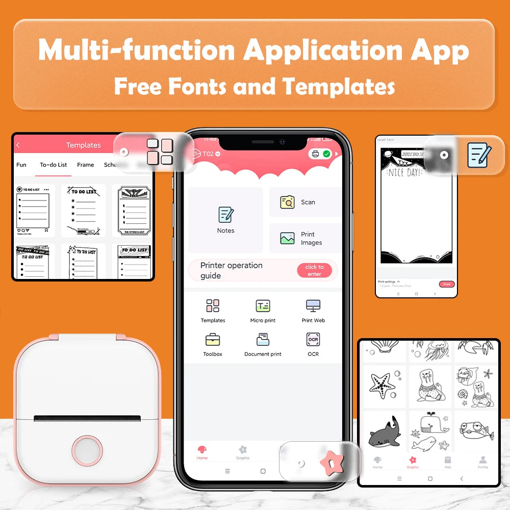 Multi-function Application App: The product is presented alongside its multifunctional app, which offers a variety of free fonts and templates for user convenience. The visual indicates that the app enhances the printer's versatility, allowing for personalized label and sticker printing.