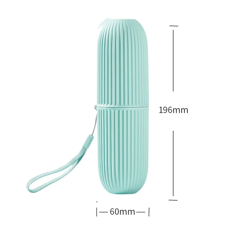 A vertical image showing a single mint toothbrush cup with dimensions indicated alongside it