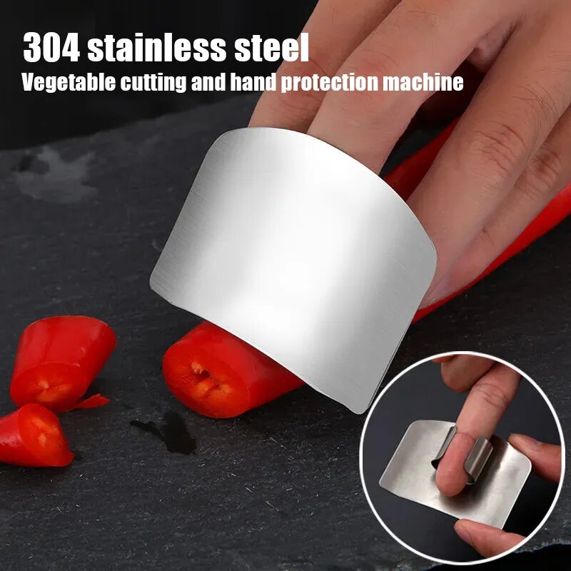 Close-up shots of the finger guard show the brushed stainless steel texture and the polished edges. It's placed on a finger, demonstrating fit and protection while cutting vegetables
