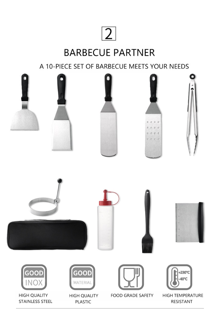 Barbecue Tool Set Display: This image shows a comprehensive barbecue tool set. It includes various stainless steel tools like spatulas, tongs, and brushes, essential for any BBQ session.