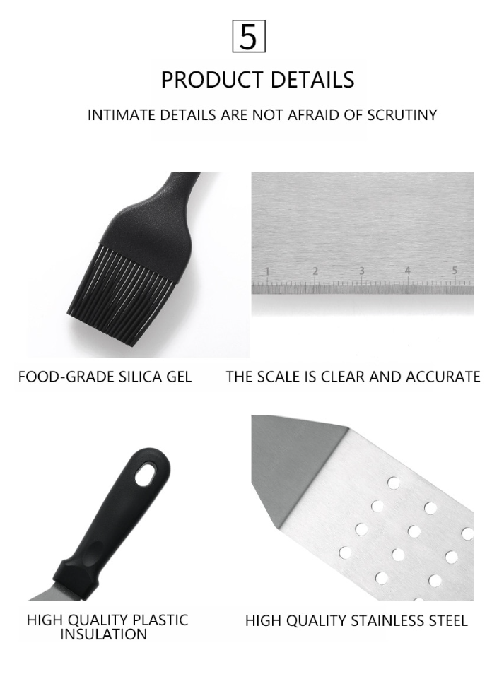 Versatile BBQ Tools: This image showcases the versatility of the BBQ tools, including different types of spatulas and tongs, essential for grilling various foods.
