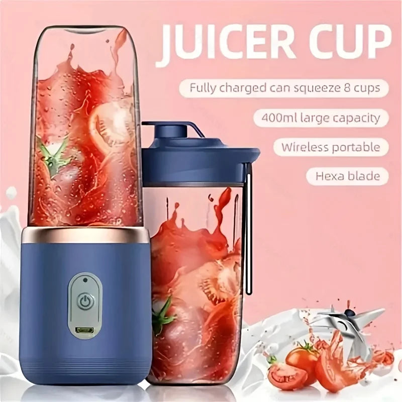 The Portable USB Electric Juicer Blender in action, filled with freshly cut strawberries. The text highlights its 400ml capacity, wireless portability, and hexa blade technology. Ideal for making juice on the go with this practical fruit juicer.