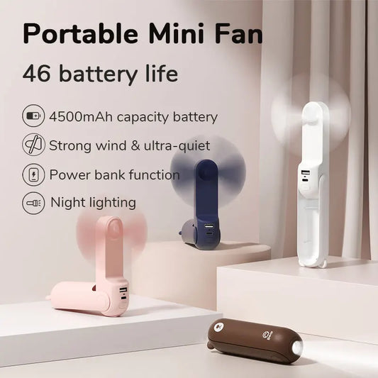 Portable Mini Fan with 4500mAh Battery: This image highlights a pink and brown handheld fan, emphasizing its long battery life, strong wind, ultra-quiet operation, power bank function, and night lighting feature.