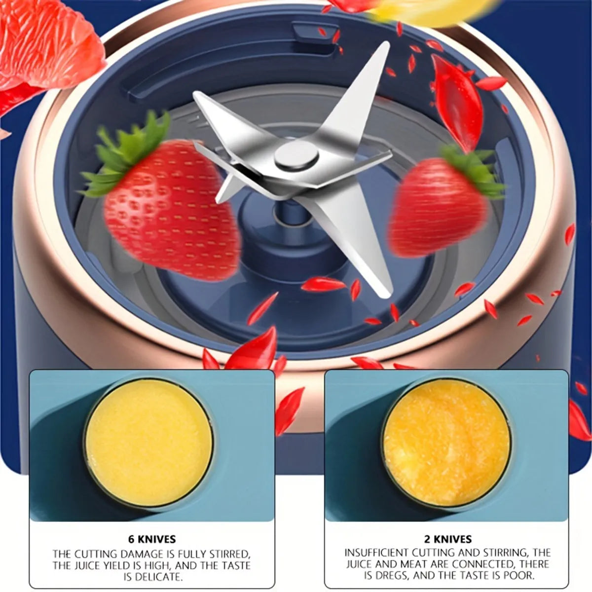 Close-up of the USB Electric Juicer Blender's hexa blade system, surrounded by strawberries. The six sharp blades ensure thorough blending, perfect for making fruit smoothies and baby food with ease.
