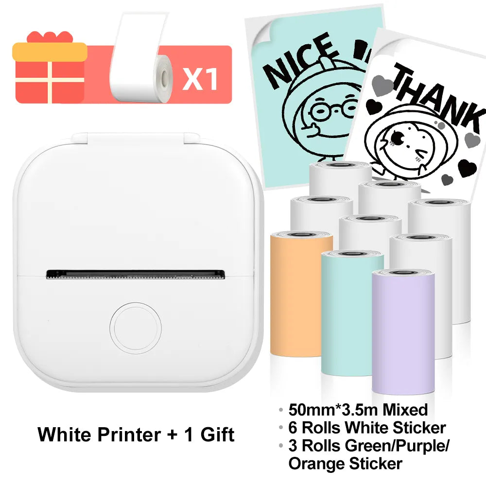 White Printer with Gift Set: The product is a white portable mini printer, shown with a bonus gift of sticker rolls and a pen, making it an attractive bundle for those who love DIY projects and personal organization