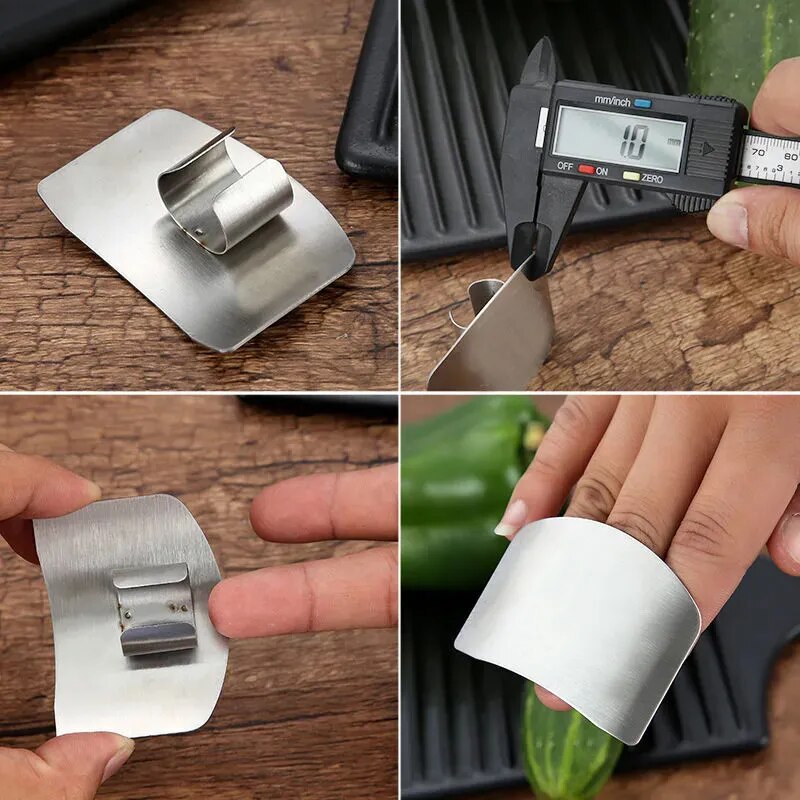 Close-up shots of the finger guard show the brushed stainless steel texture and the polished edges. It's placed on a finger, demonstrating fit and protection while cutting vegetables.