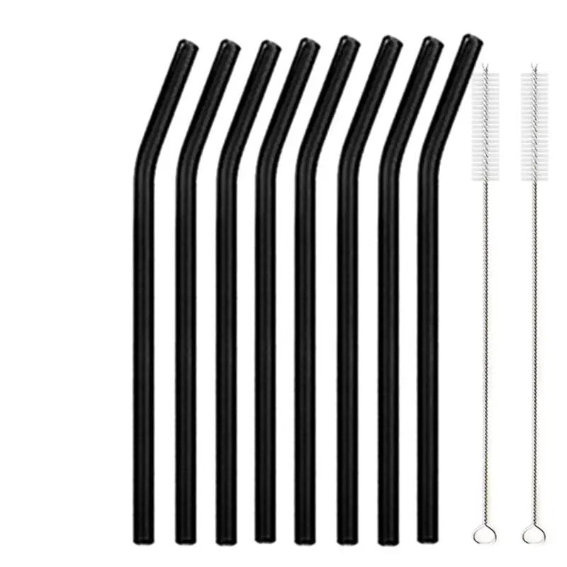 Individual images showing black bent glass straws with cleaning brushes placed beside them on a white background.