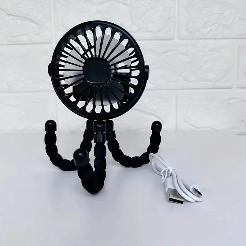 The black version of the clip fan shown in a standing position, emphasizing its stability and multi-use functionality.