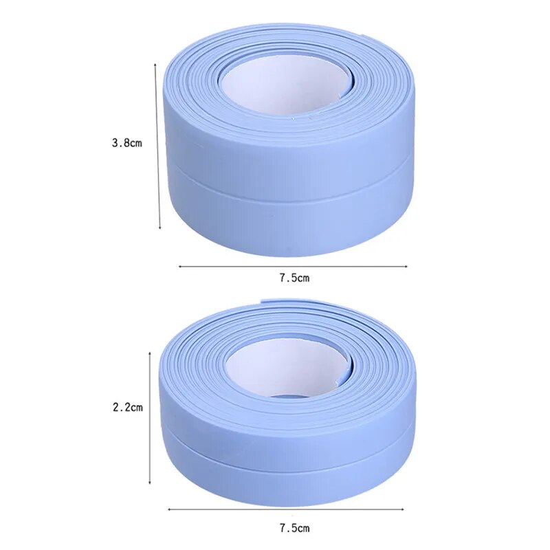The image depicts measurements of a tightly coiled roll of blue sealing strip tape, emphasizing its flexibility and the length provided.